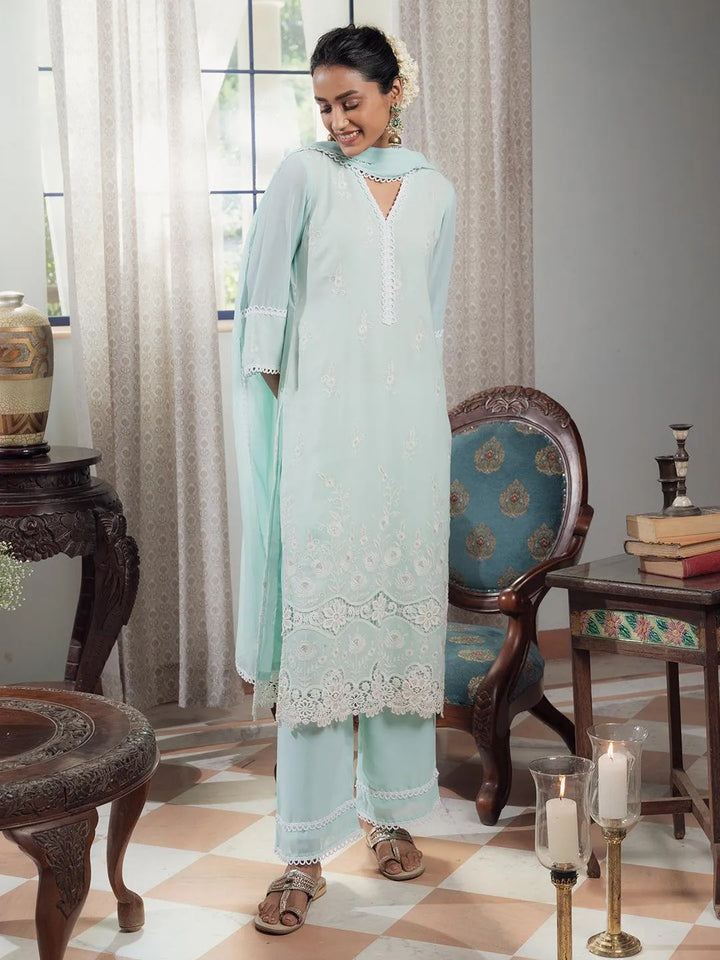 Blue Embroidered Georgette Suit Set - Libas