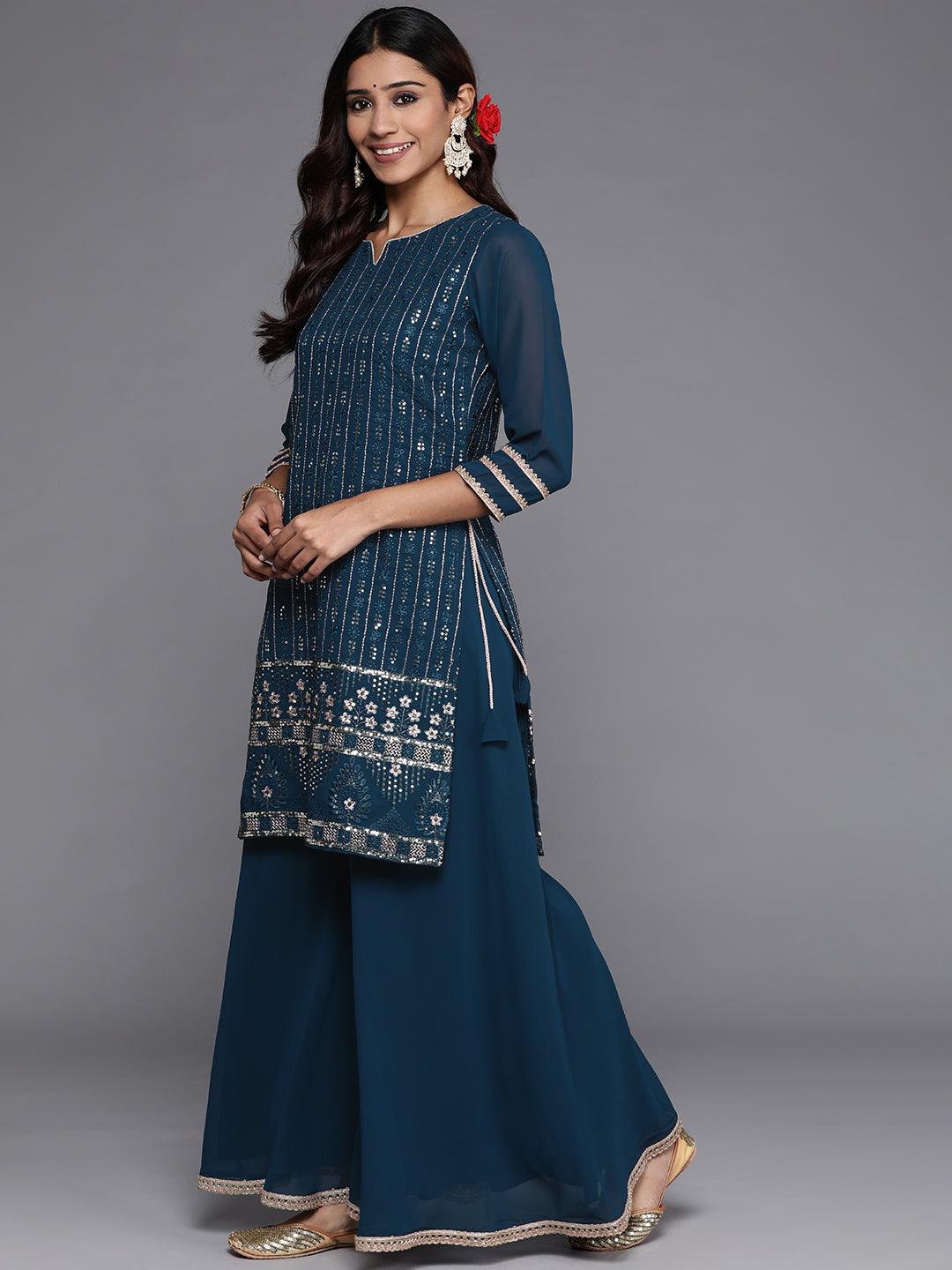 Blue Embroidered Georgette Straight Kurta With Palazzos & Dupatta