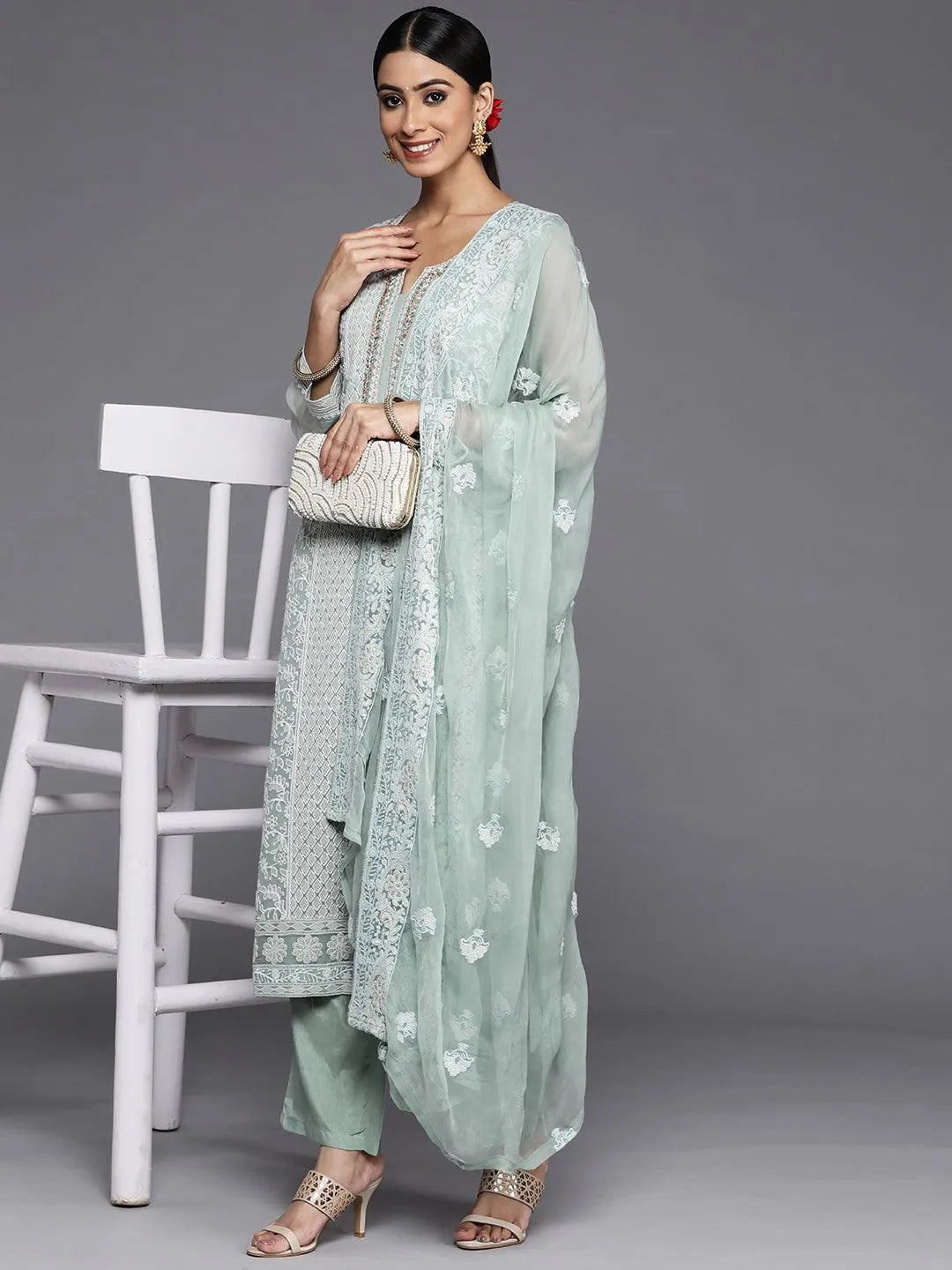 Blue Embroidered Poly Georgette Straight Suit Set - Libas