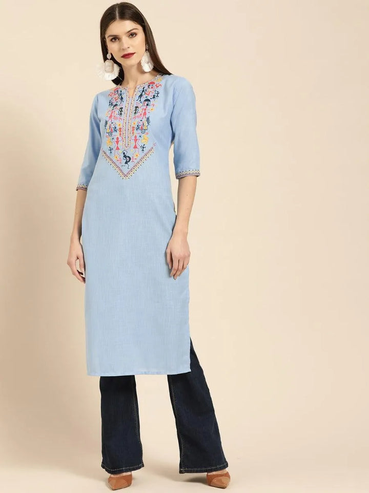 Blue Embroidered Linen Kurta - Libas