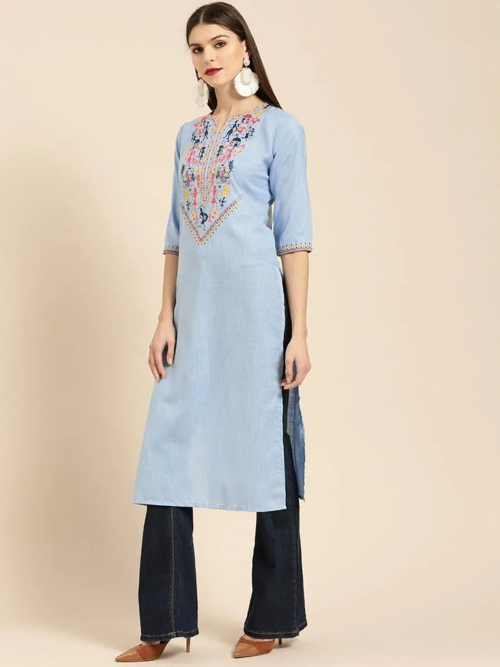 Blue Embroidered Linen Kurta - Libas