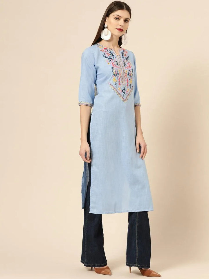 Blue Embroidered Linen Kurta - Libas