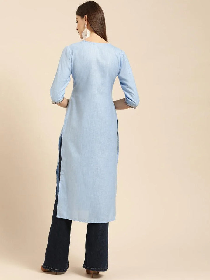 Blue Embroidered Linen Kurta - Libas