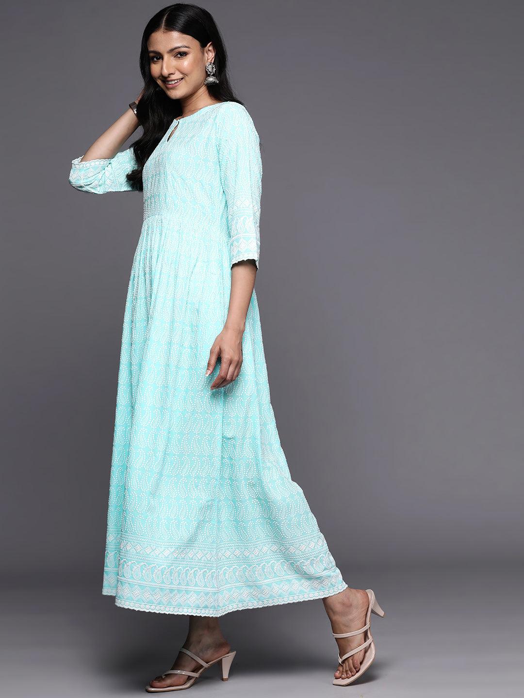 Blue Embroidered Rayon Fit and Flare Dress - Libas 