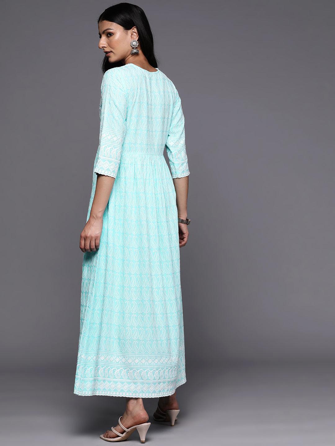 Blue Embroidered Rayon Fit and Flare Dress - Libas 