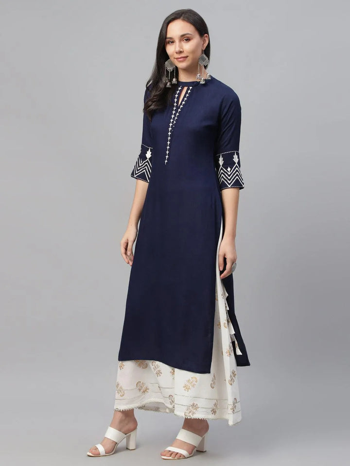 Blue Embroidered Rayon Kurta - Libas