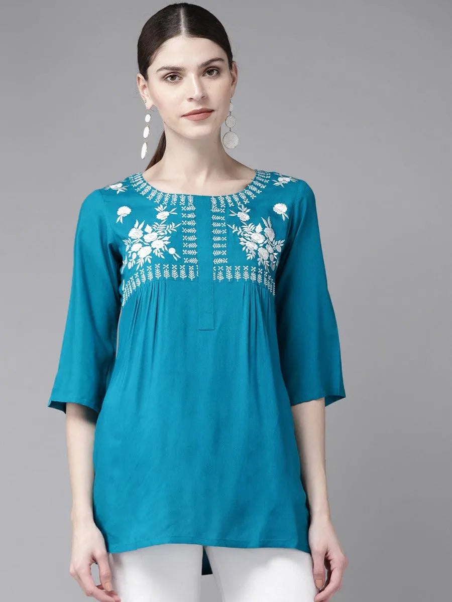 Blue Embroidered Rayon Kurti - Libas