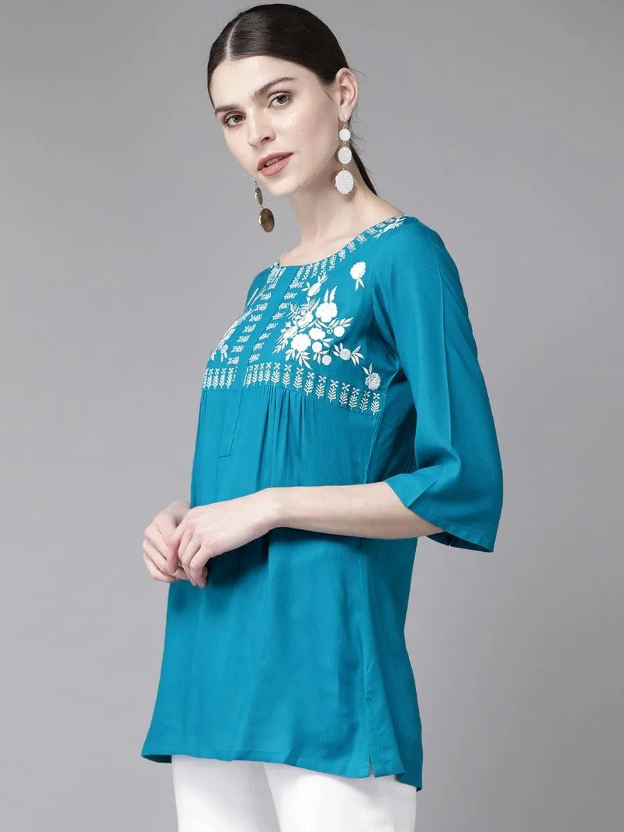 Blue Embroidered Rayon Kurti - Libas