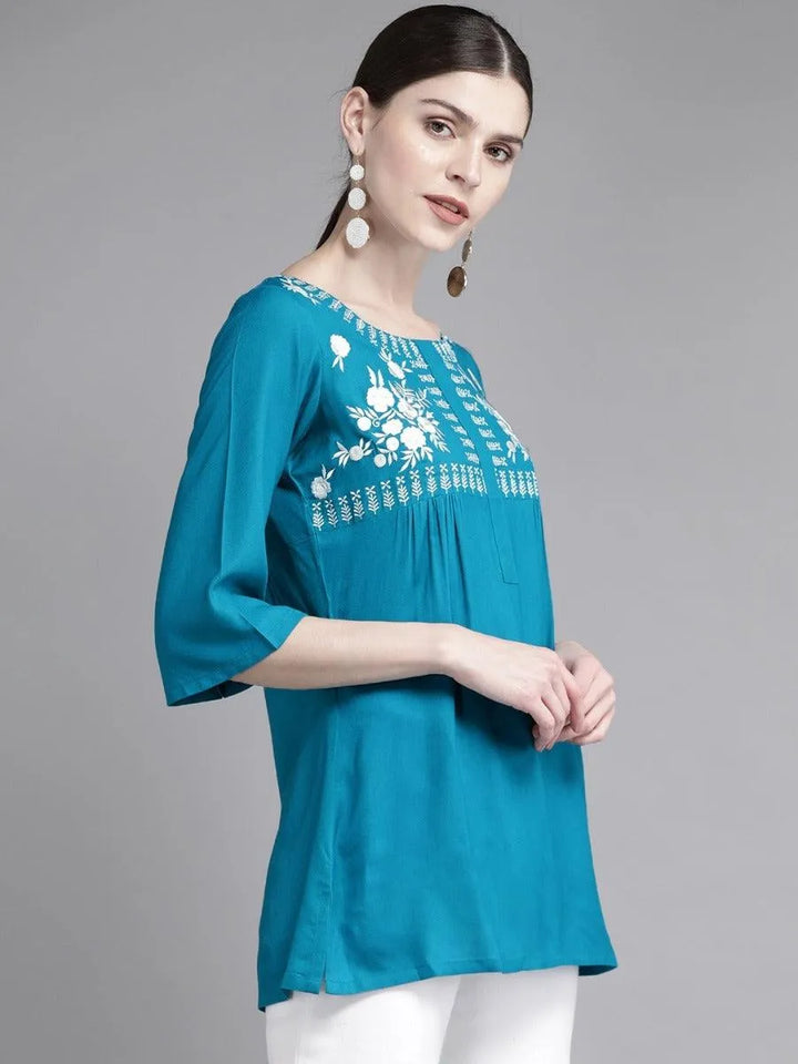 Blue Embroidered Rayon Kurti - Libas