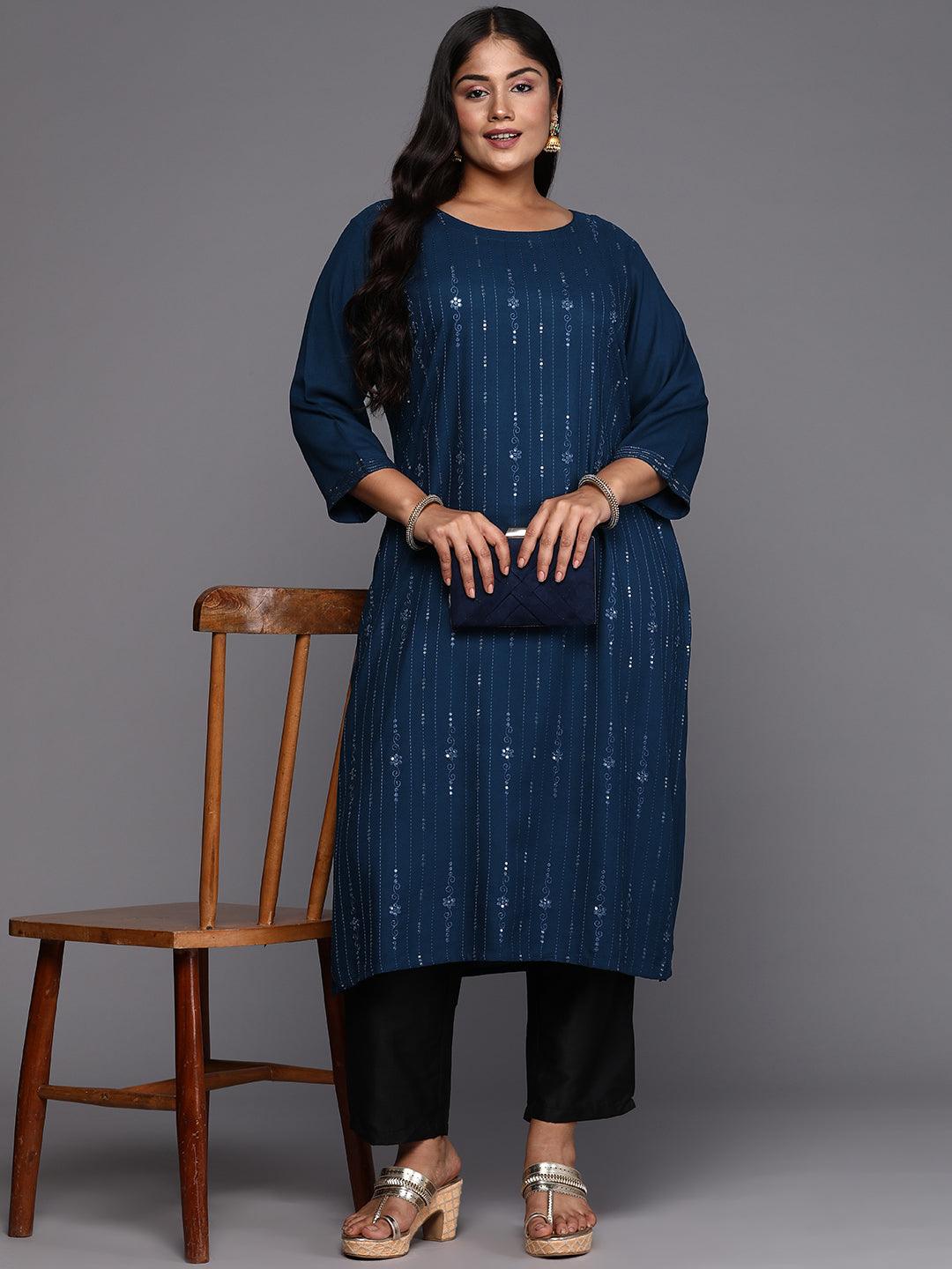 Blue Embroidered Rayon Straight Kurta - Libas