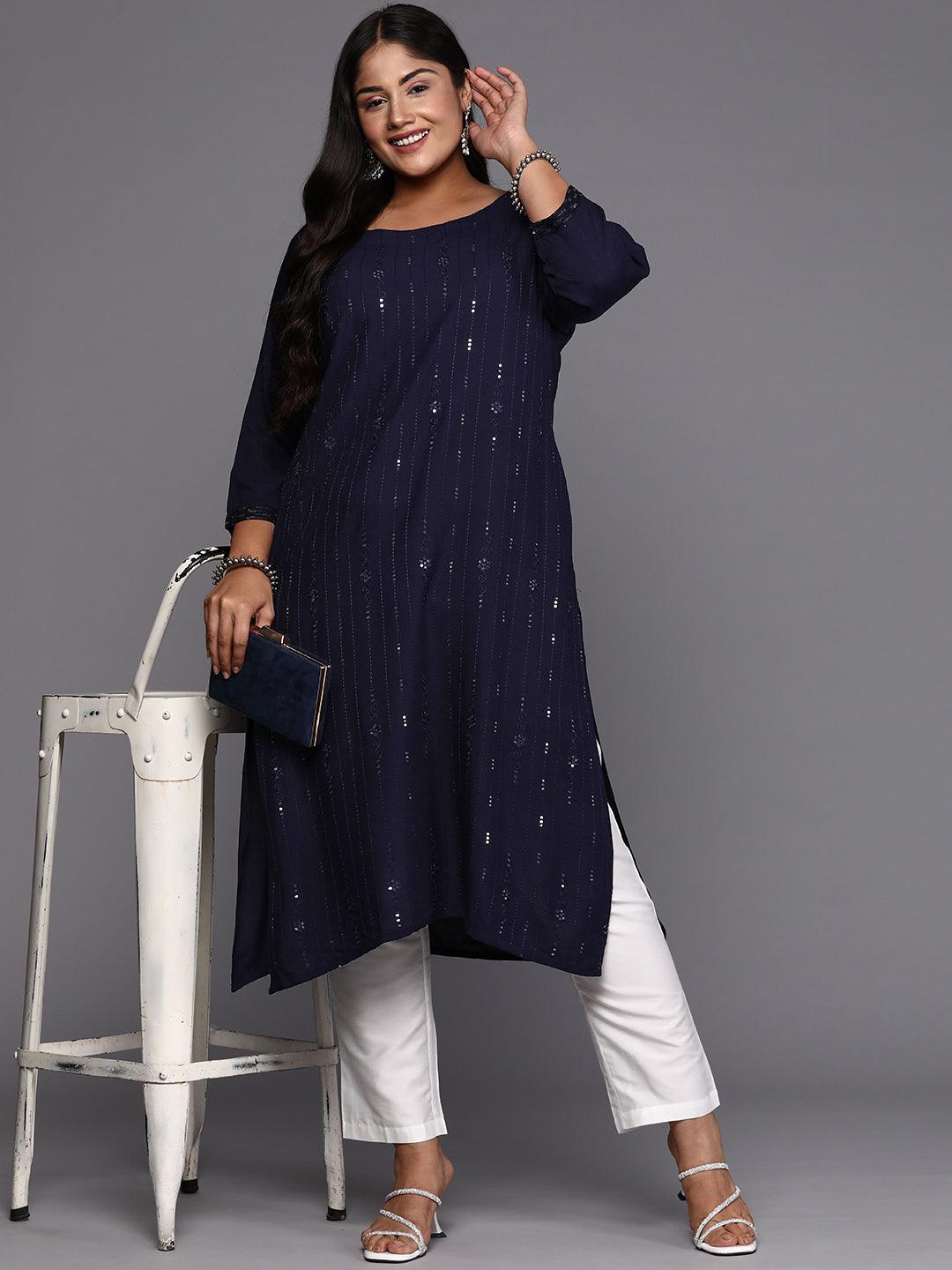 Blue Embroidered Rayon Straight Kurta - Libas