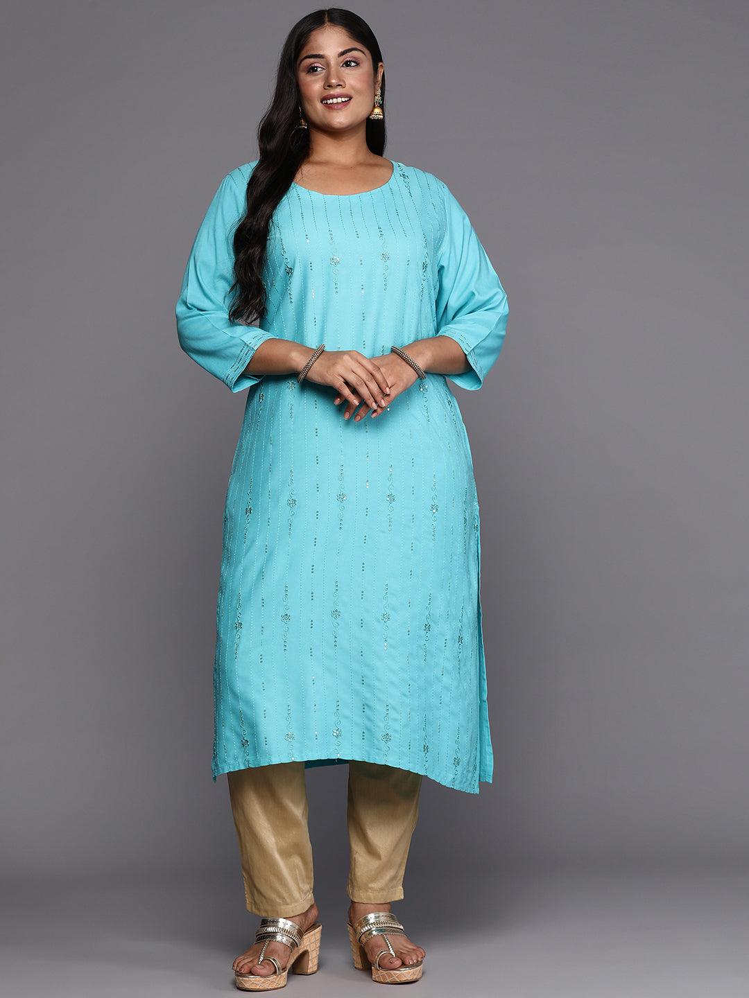 Blue Embroidered Rayon Straight Kurta - Libas