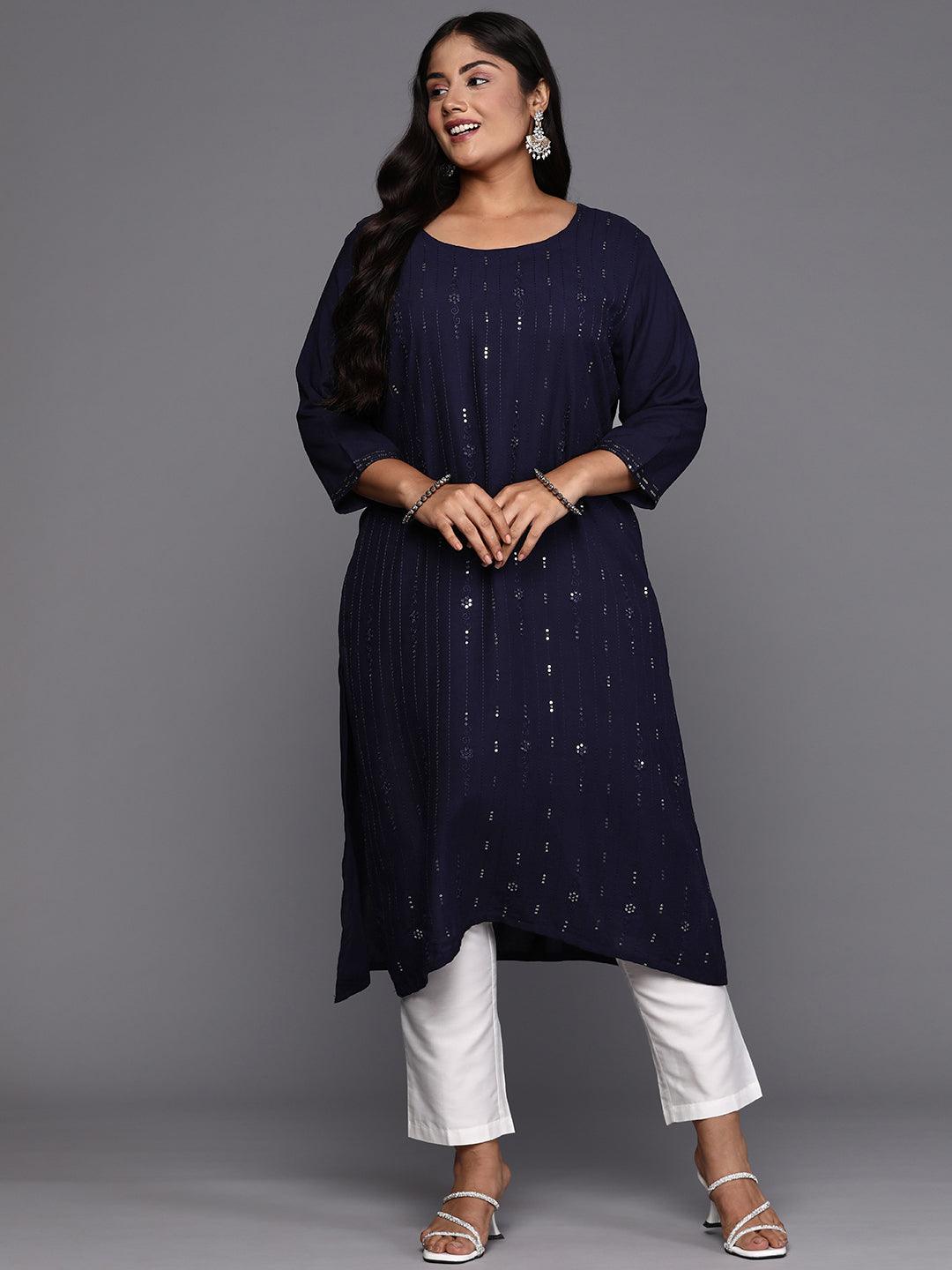 Blue Embroidered Rayon Straight Kurta - Libas