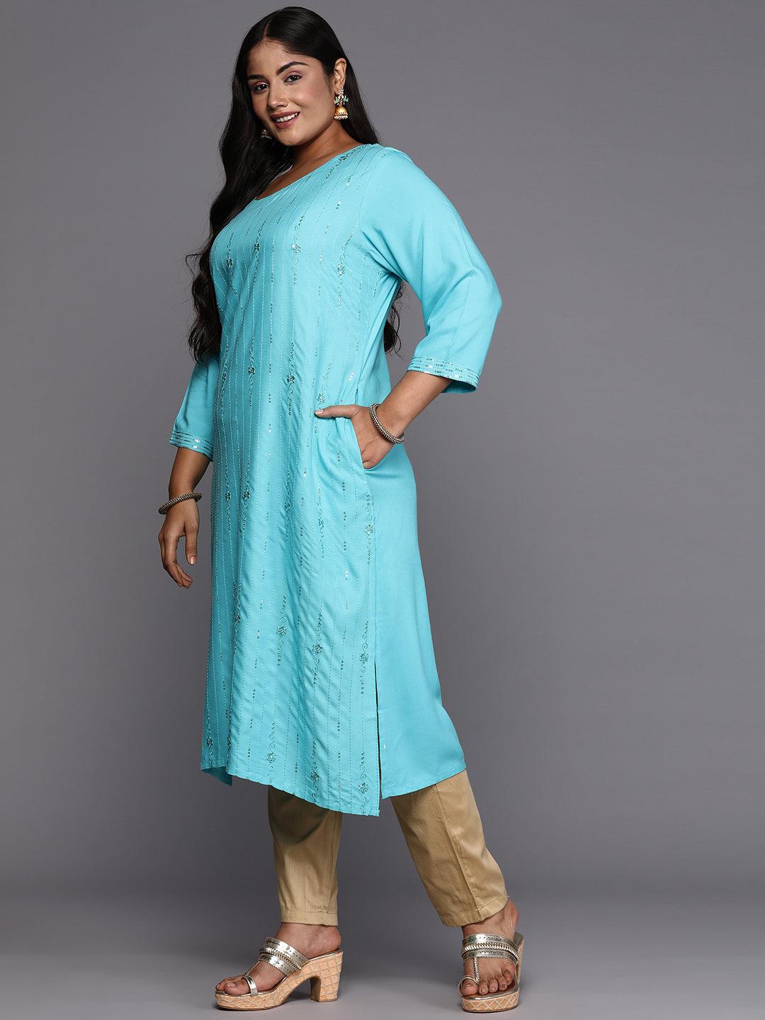 Blue Embroidered Rayon Straight Kurta - Libas