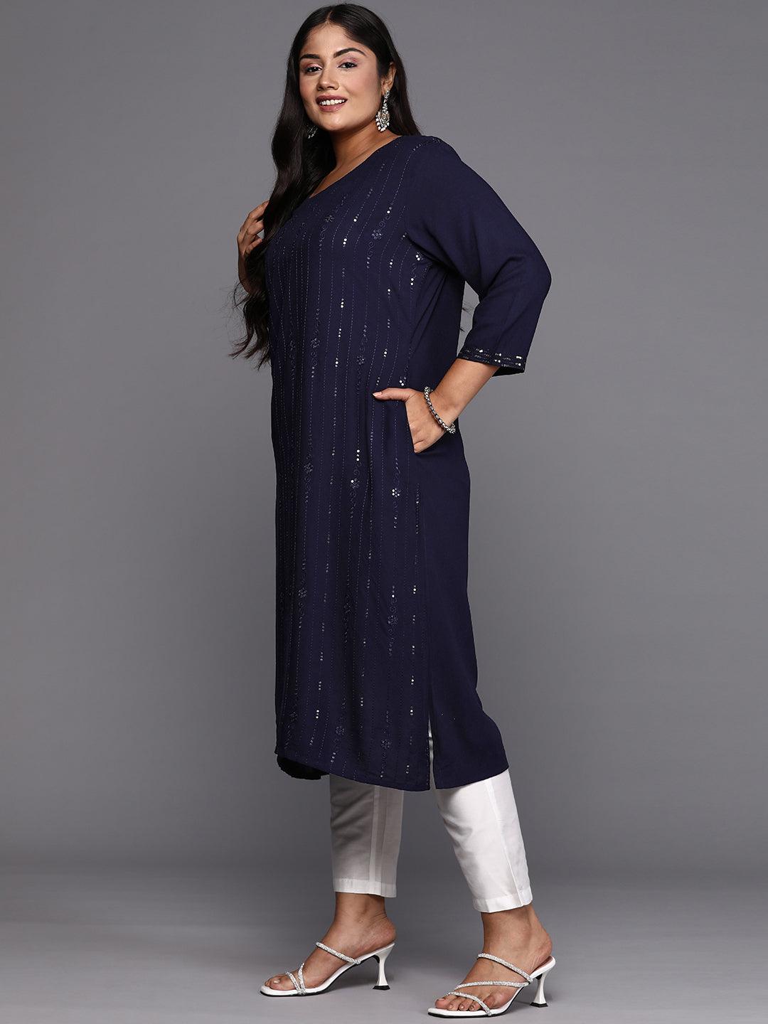 Blue Embroidered Rayon Straight Kurta - Libas