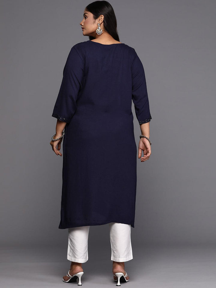 Blue Embroidered Rayon Straight Kurta - Libas