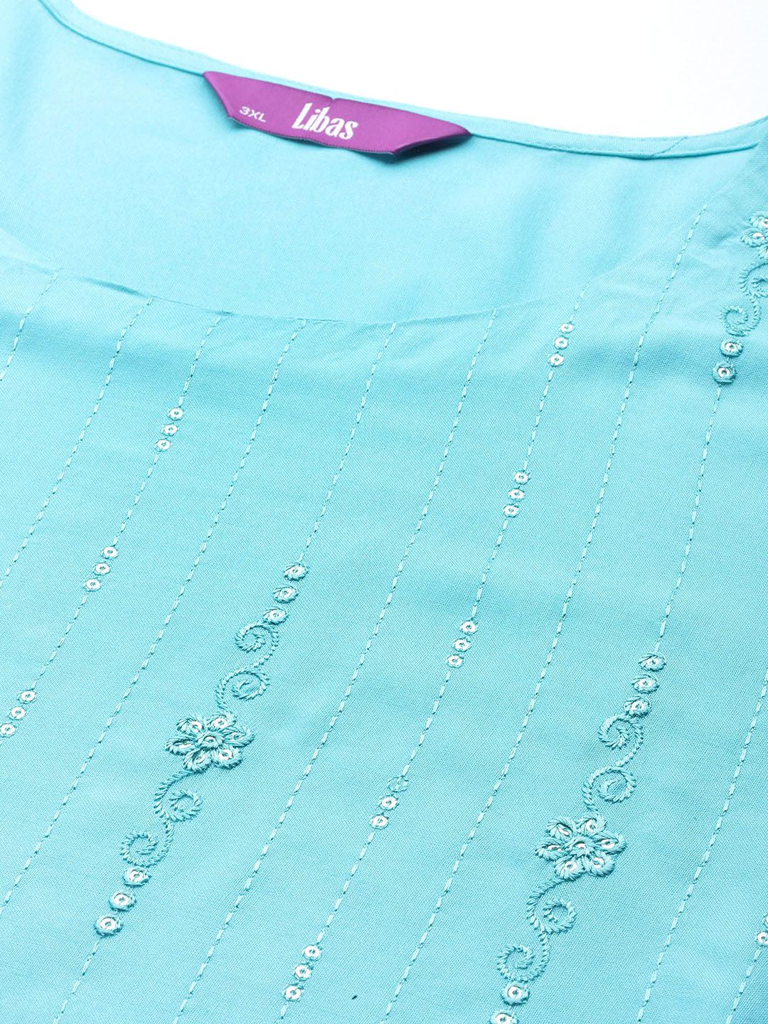 Blue Embroidered Rayon Straight Kurta - Libas