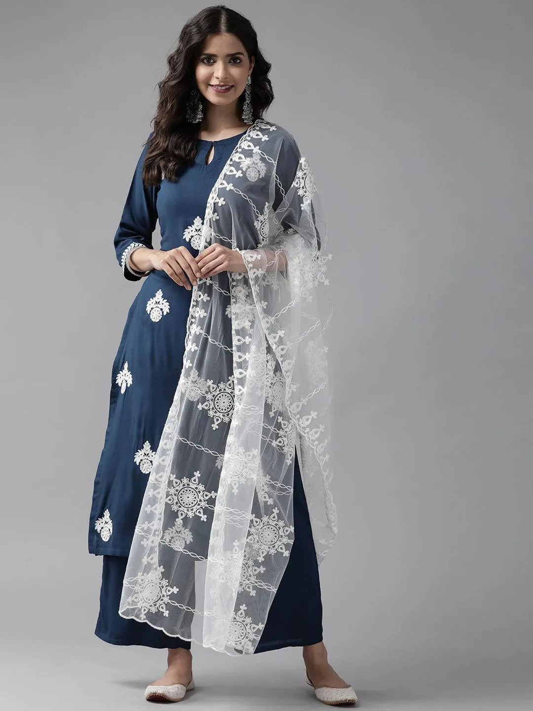 Blue Embroidered Rayon Suit Set - Libas