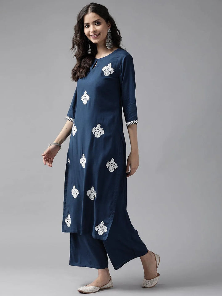 Blue Embroidered Rayon Suit Set - Libas