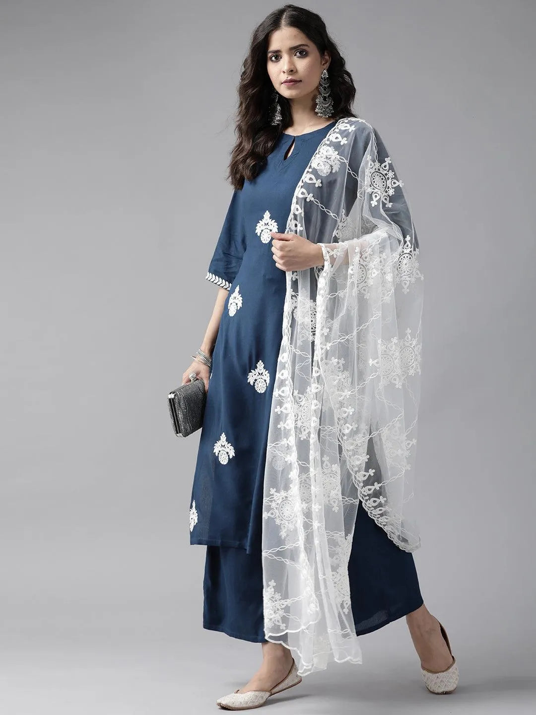 Blue Embroidered Rayon Suit Set - Libas