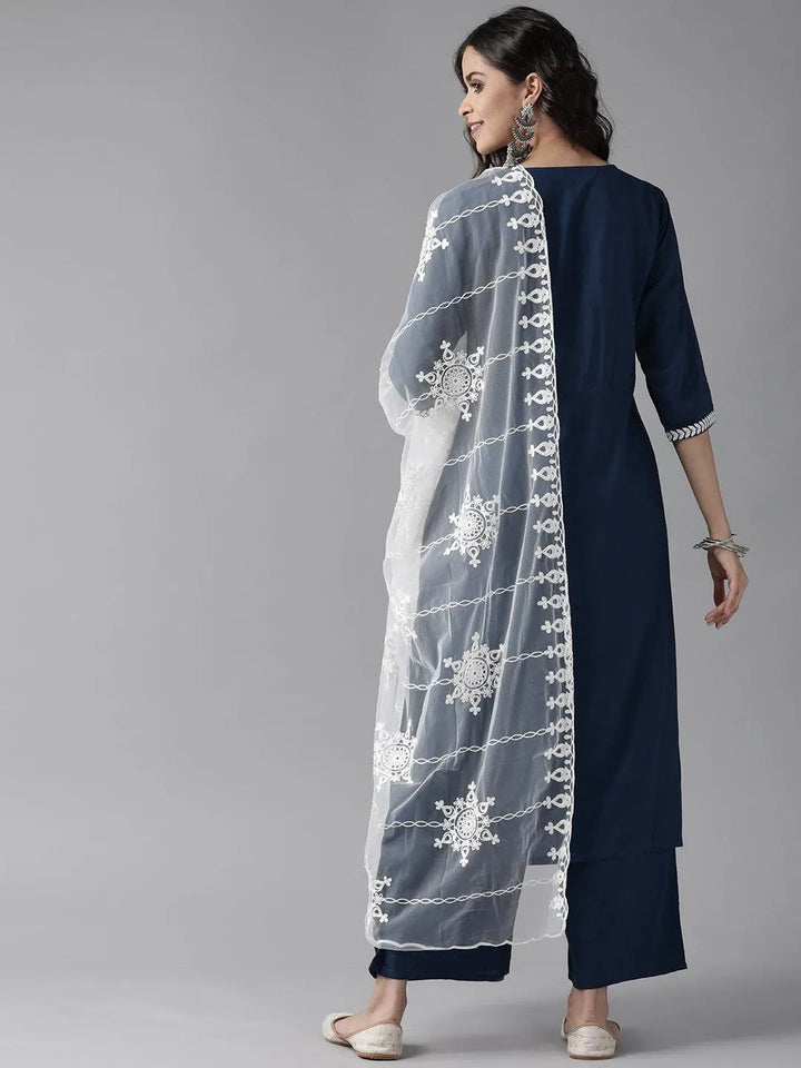 Blue Embroidered Rayon Suit Set - Libas