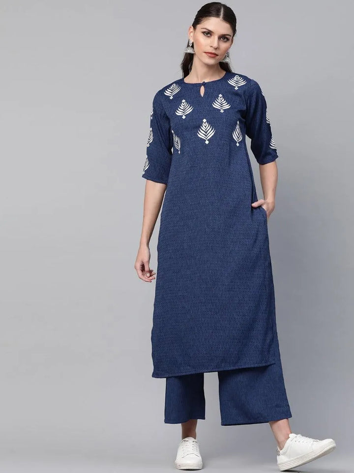 Blue Embroidered Rayon Kurta Set - Libas