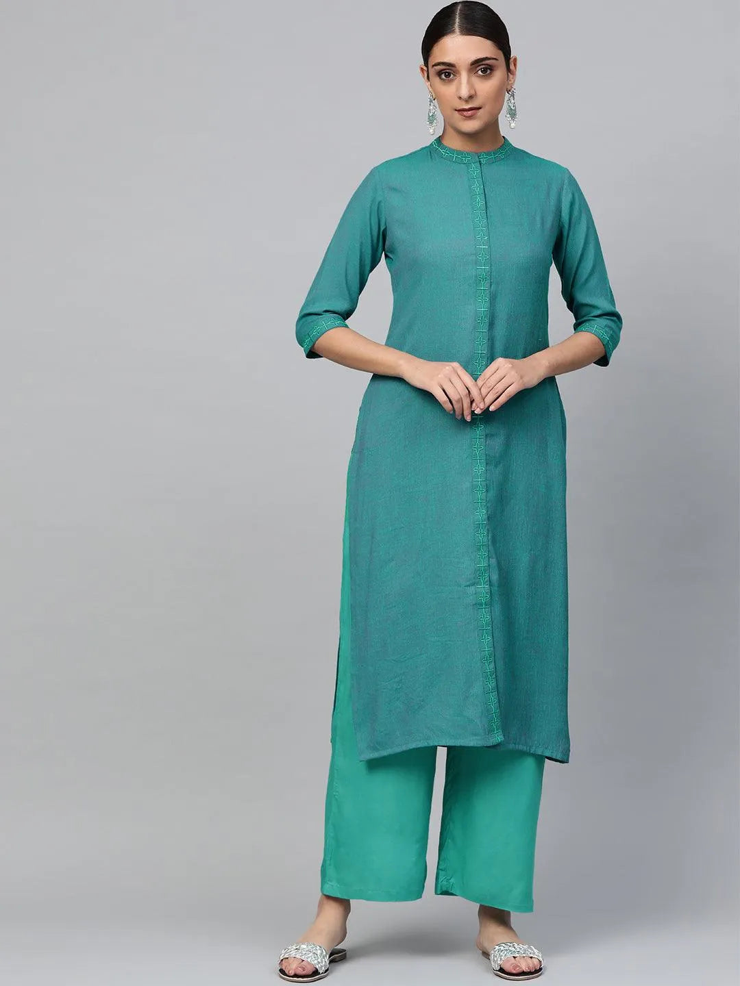 Blue Embroidered Rayon Kurta Set - Libas