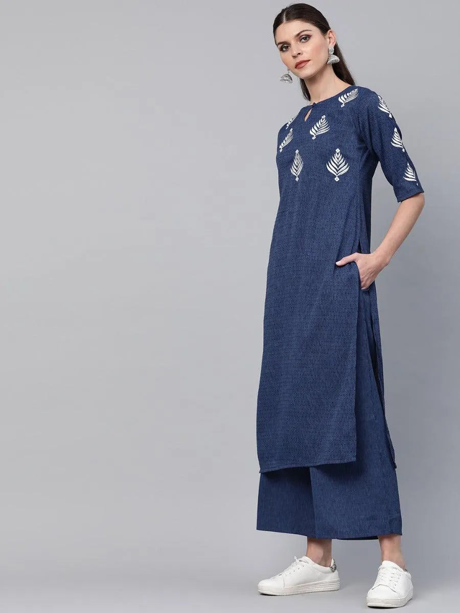 Blue Embroidered Rayon Kurta Set - Libas