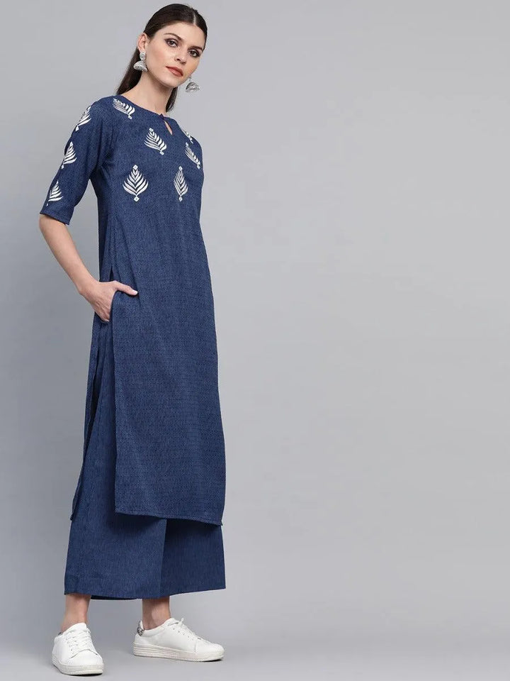 Blue Embroidered Rayon Kurta Set - Libas