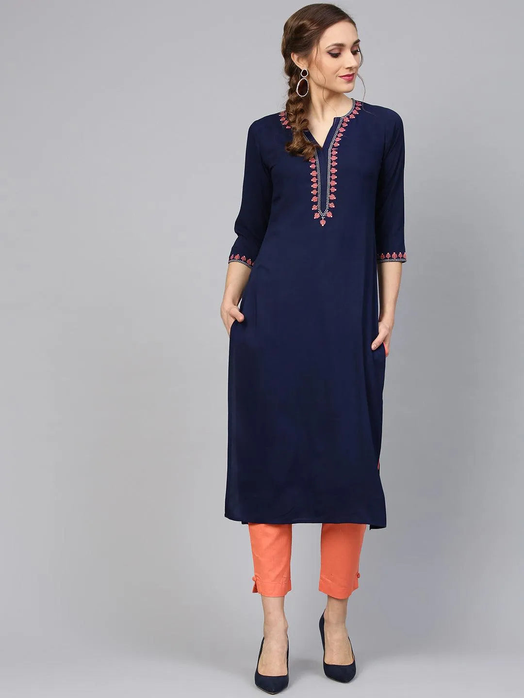 Blue Embroidered Rayon Kurta Set - Libas 