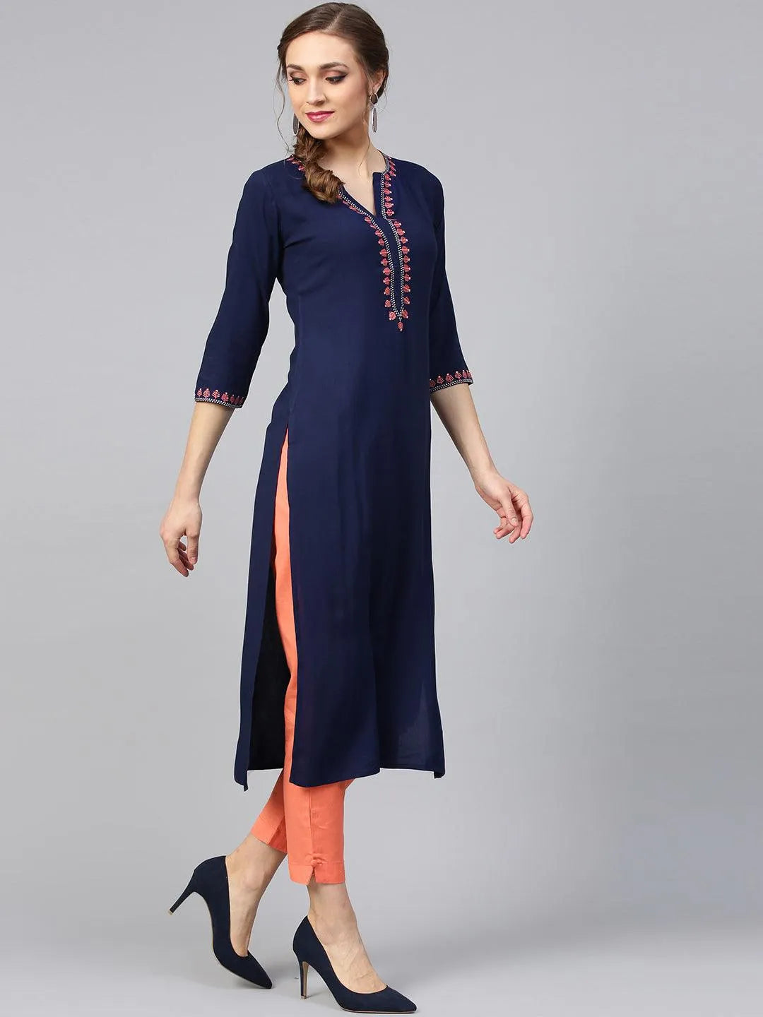 Blue Embroidered Rayon Kurta Set - Libas 