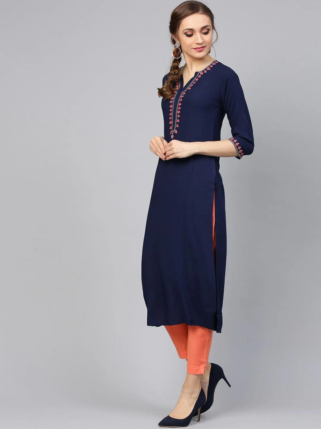 Blue Embroidered Rayon Kurta Set - Libas 