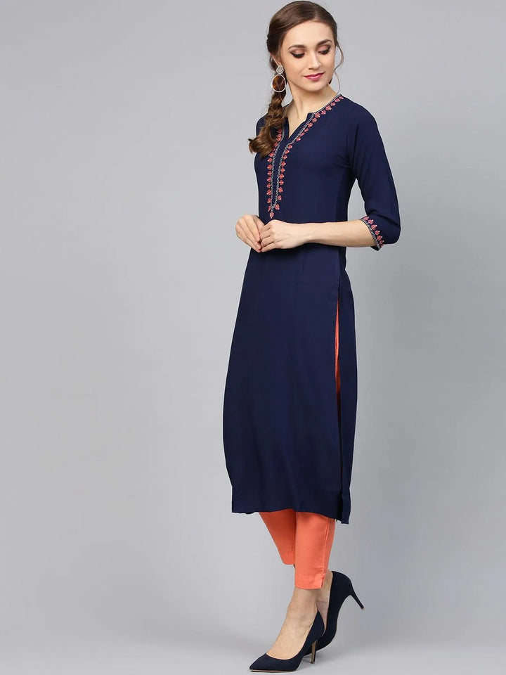 Blue Embroidered Rayon Kurta Set - Libas