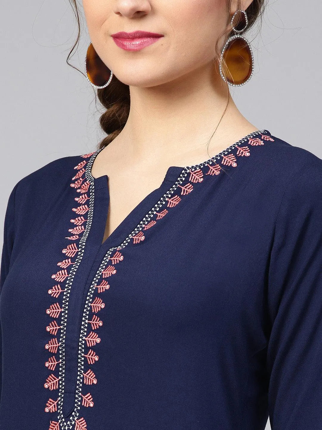 Blue Embroidered Rayon Kurta Set - Libas 