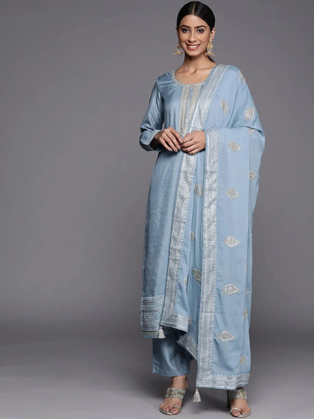 Blue Embroidered Silk Blend Straight Suit Set - Libas 