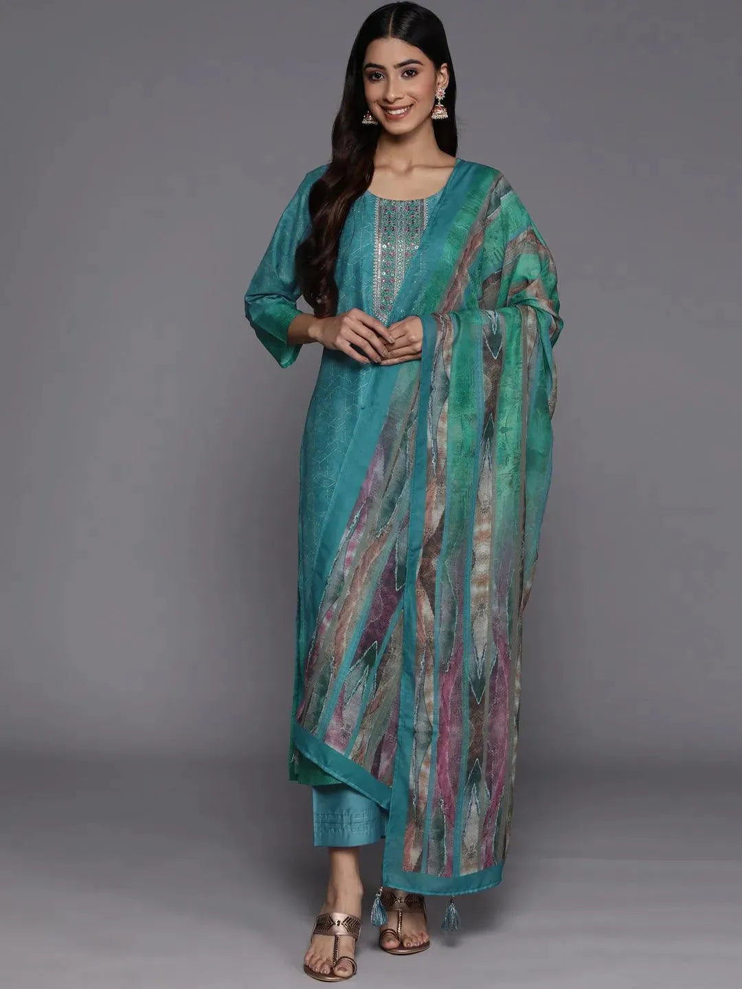 

Blue Embroidered Silk Blend Straight Kurta With Trousers & Dupatta