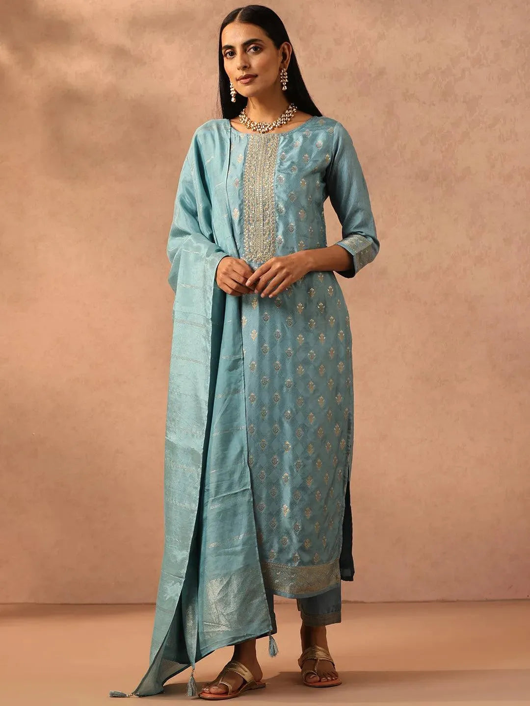 

Blue Embroidered Silk Blend Straight Kurta With Trousers & Dupatta