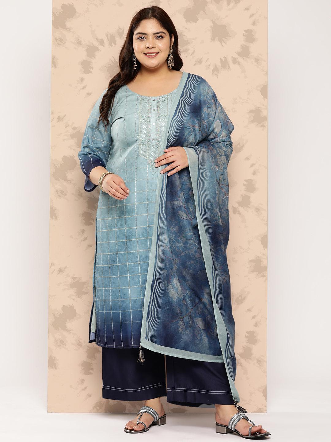 Blue Embroidered Silk Blend Straight Kurta With Trousers and Dupatta - Libas