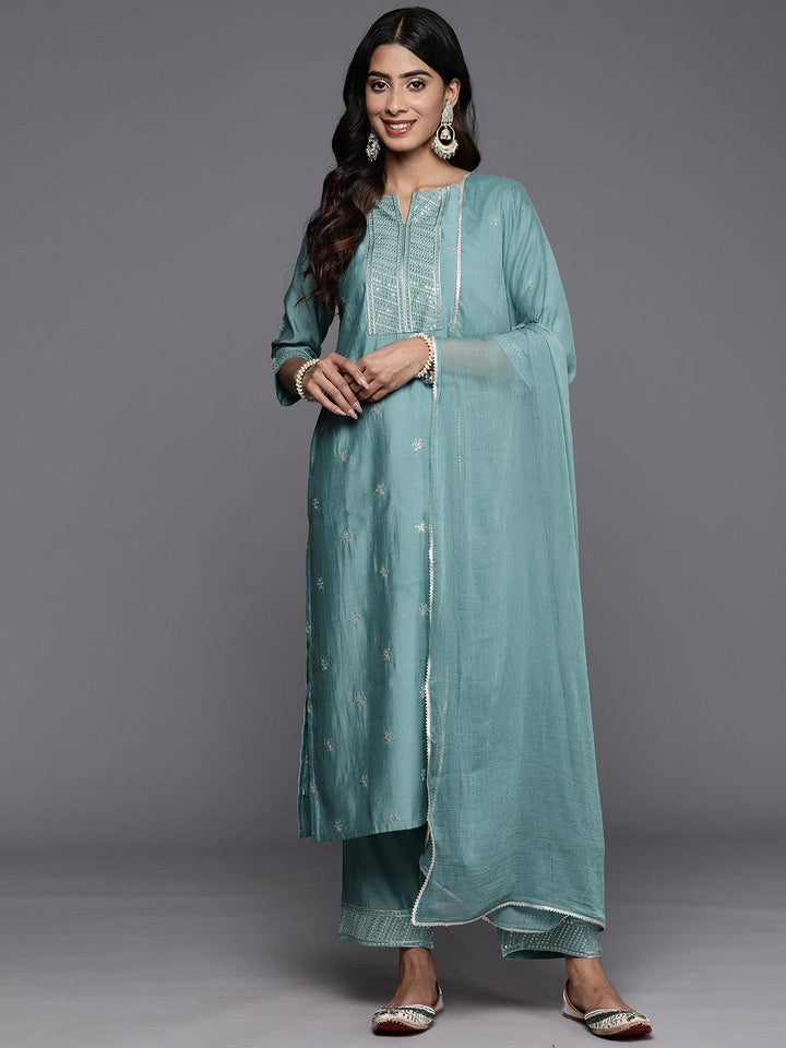 Blue Embroidered Silk Blend Straight Kurta With Trousers & Dupatta - Libas