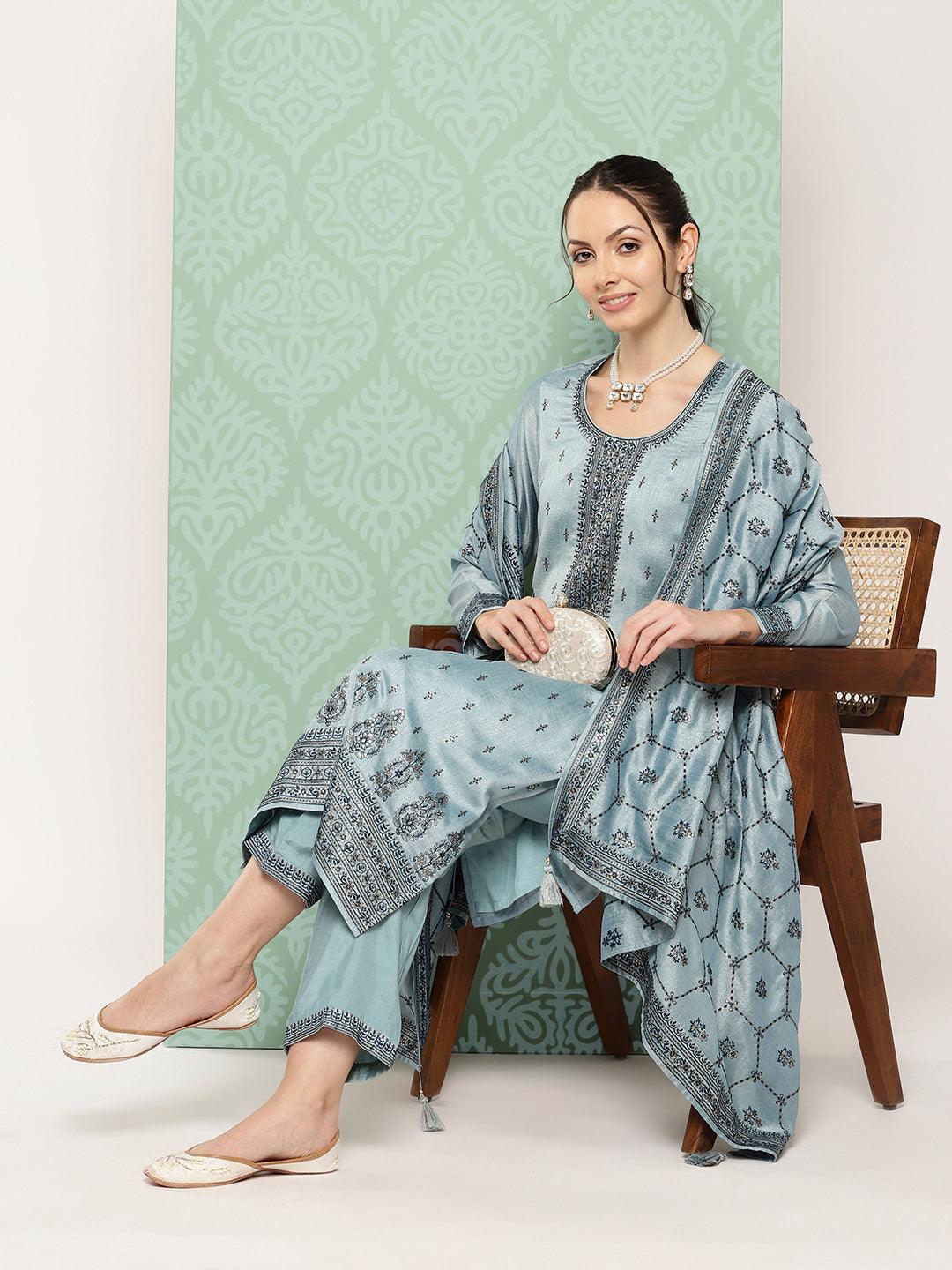 Blue Embroidered Silk Blend Straight Kurta With Trousers & Dupatta - Libas 