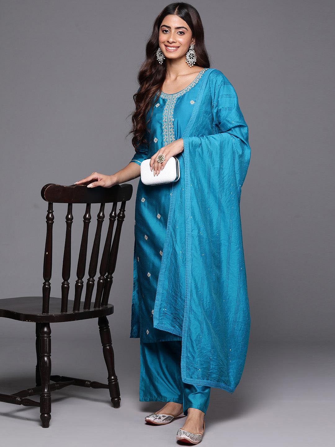 Blue Embroidered Silk Blend Straight Kurta With Trousers & Dupatta - Libas 