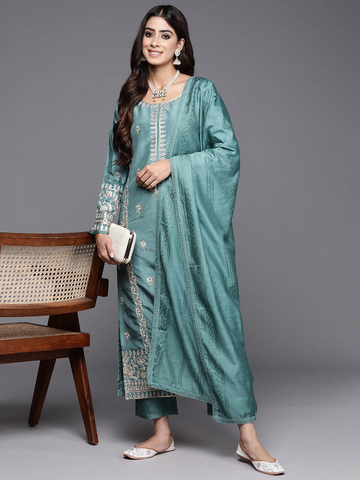 Blue Embroidered Silk Blend Straight Kurta With Trousers & Dupatta - Libas