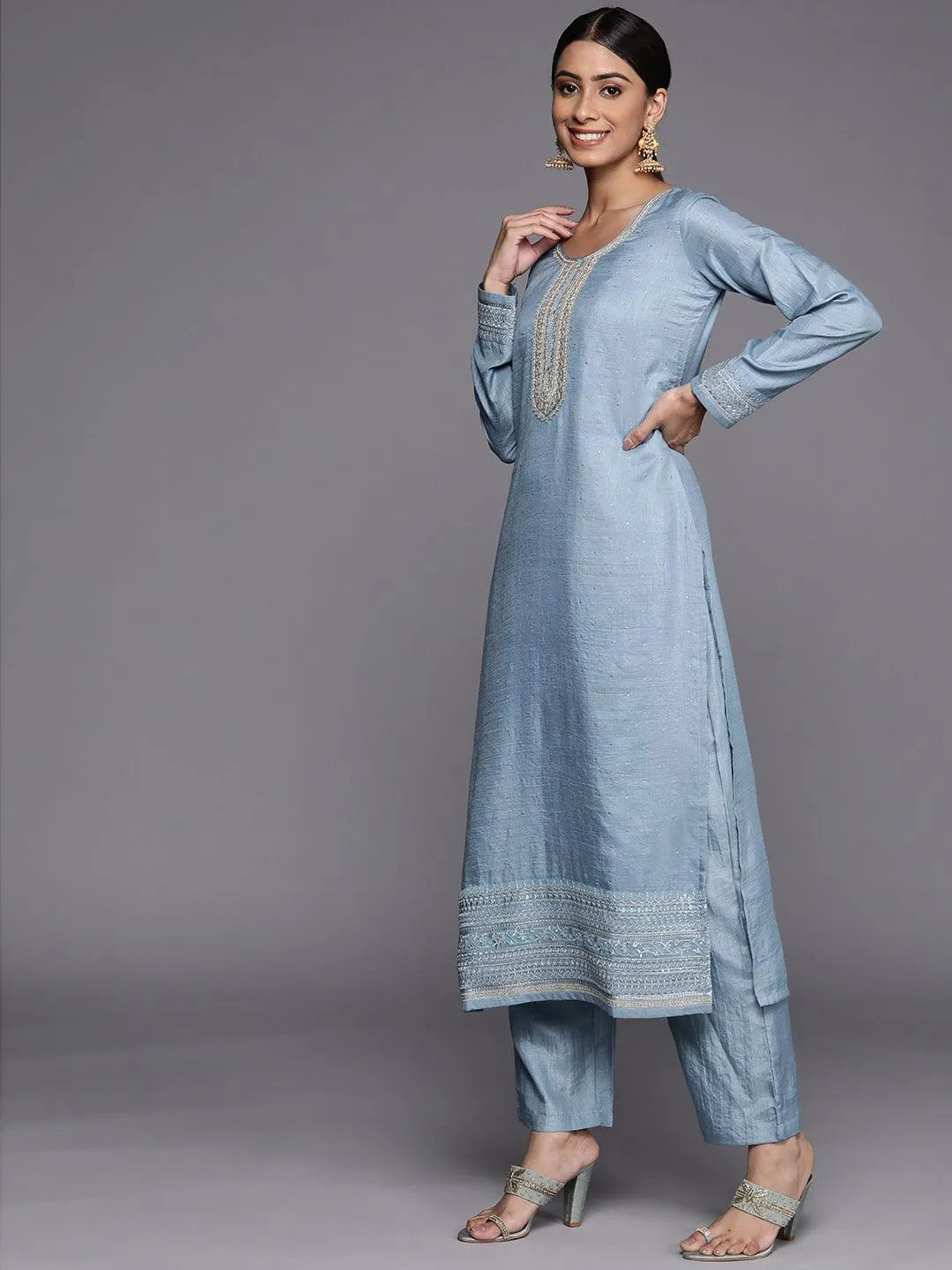 Blue Embroidered Silk Blend Straight Suit Set - Libas 