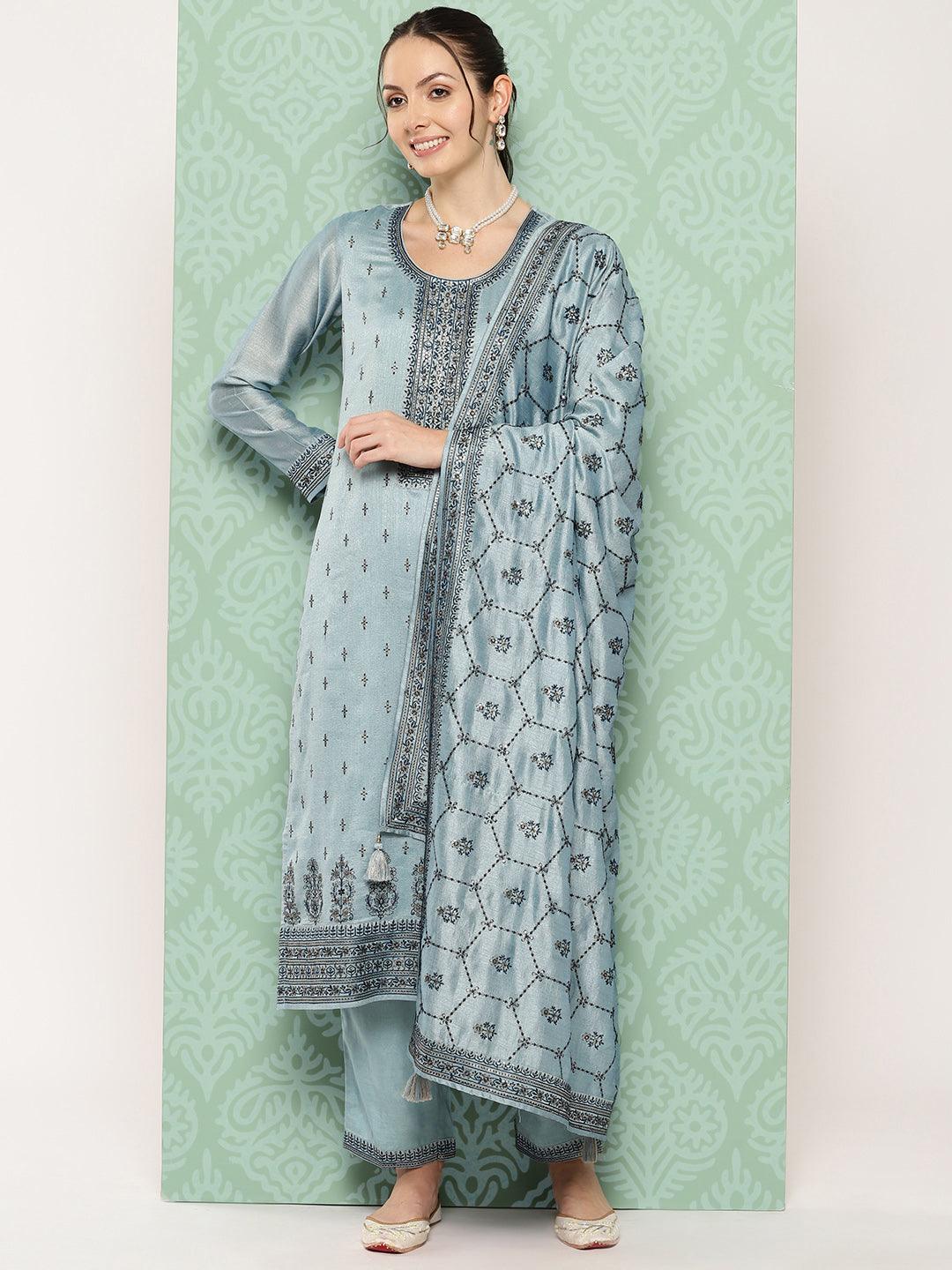 Blue Embroidered Silk Blend Straight Kurta With Trousers & Dupatta - Libas 