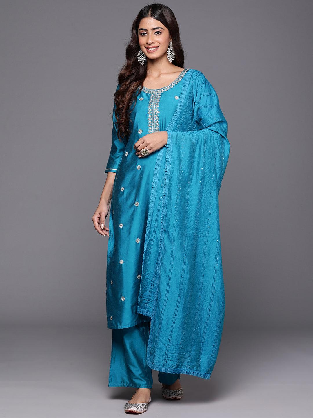 Blue Embroidered Silk Blend Straight Kurta With Trousers & Dupatta - Libas 