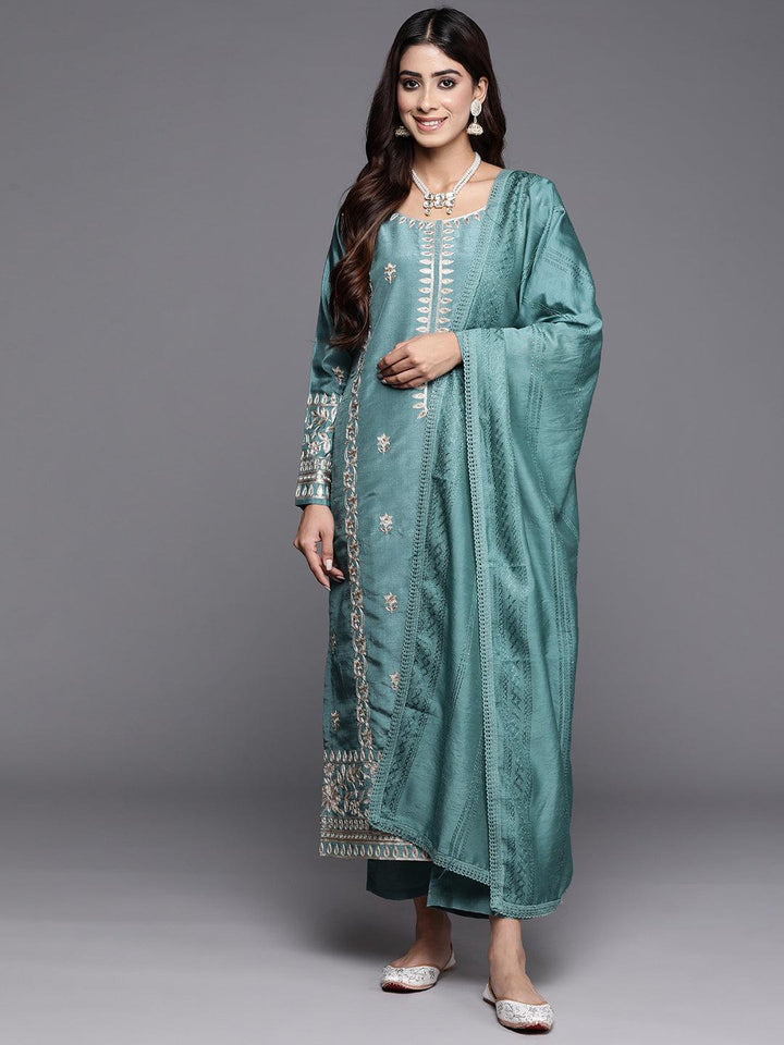 Blue Embroidered Silk Blend Straight Kurta With Trousers & Dupatta - Libas