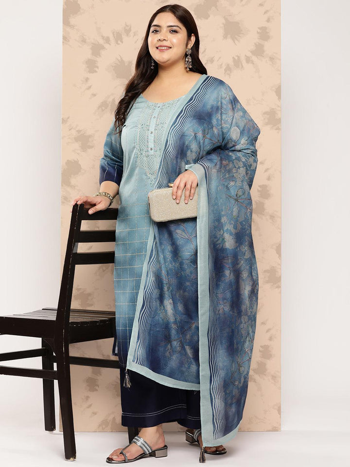 Blue Embroidered Silk Blend Straight Kurta With Trousers and Dupatta - Libas