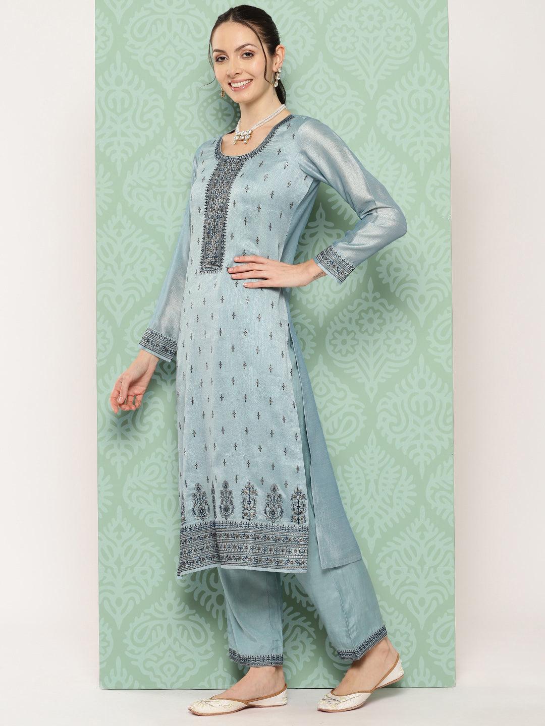 Blue Embroidered Silk Blend Straight Kurta With Trousers & Dupatta - Libas