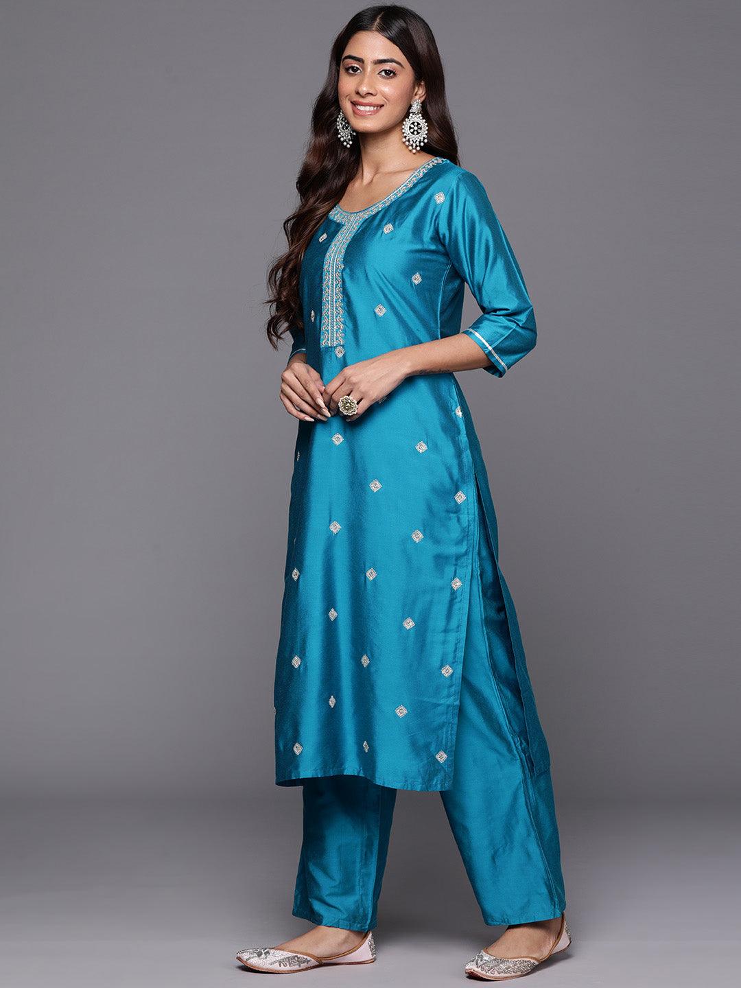 Blue Embroidered Silk Blend Straight Kurta With Trousers & Dupatta - Libas 