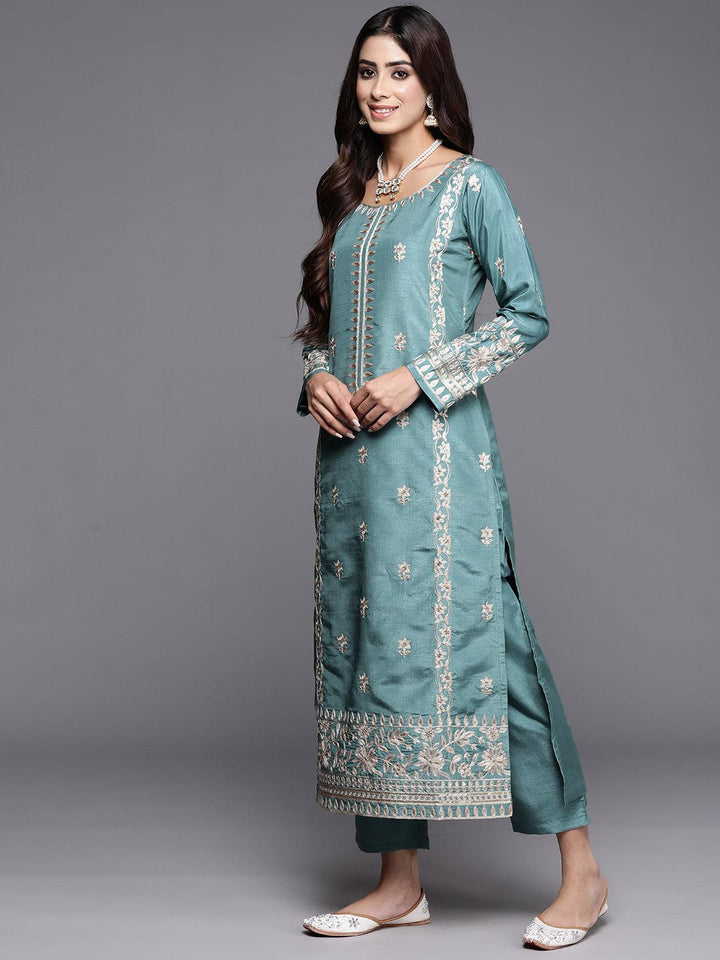 Blue Embroidered Silk Blend Straight Kurta With Trousers & Dupatta - Libas